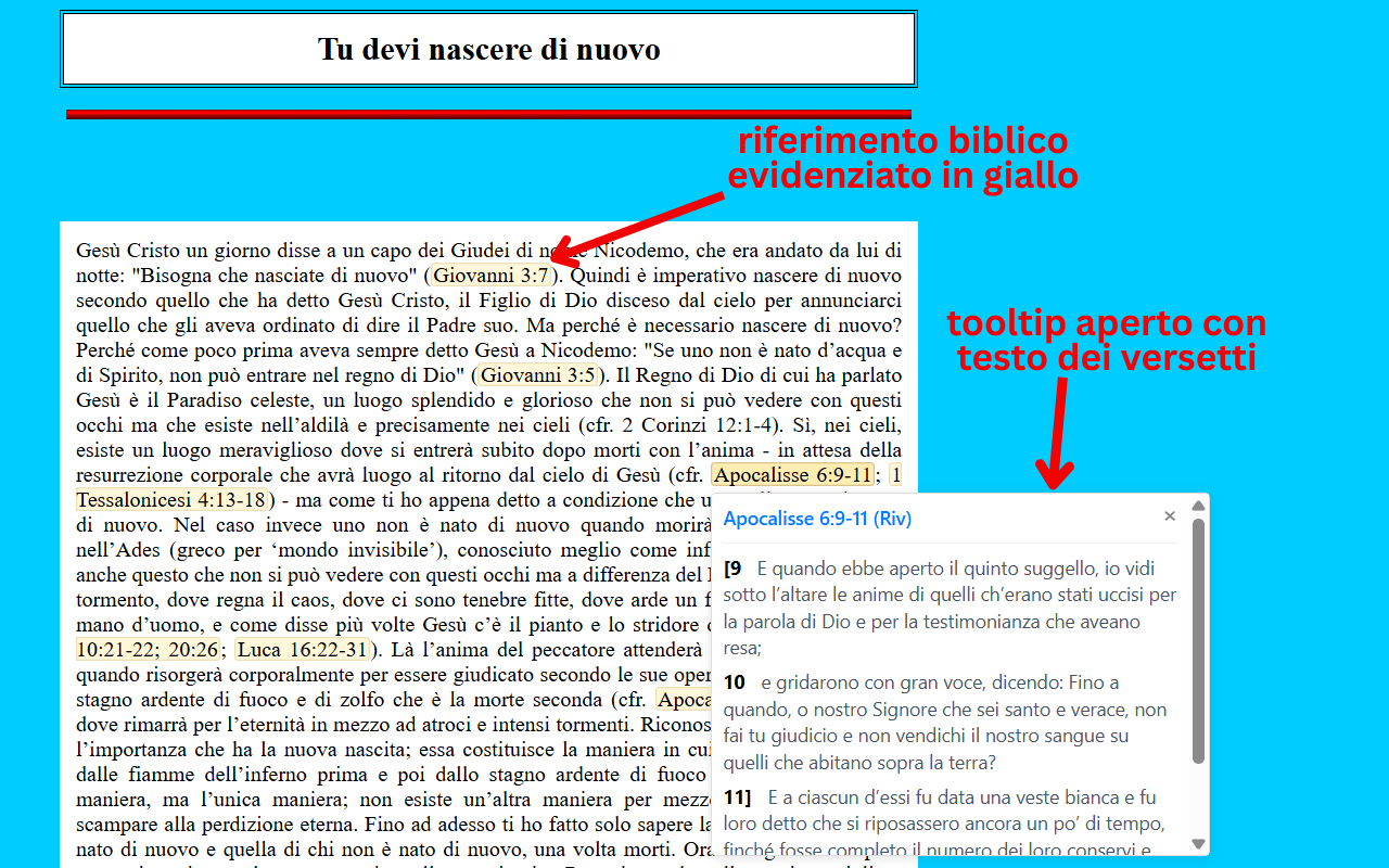 Screenshot 1: Rilevamento riferimenti biblici in pagina e tooltip con testo dei versetti