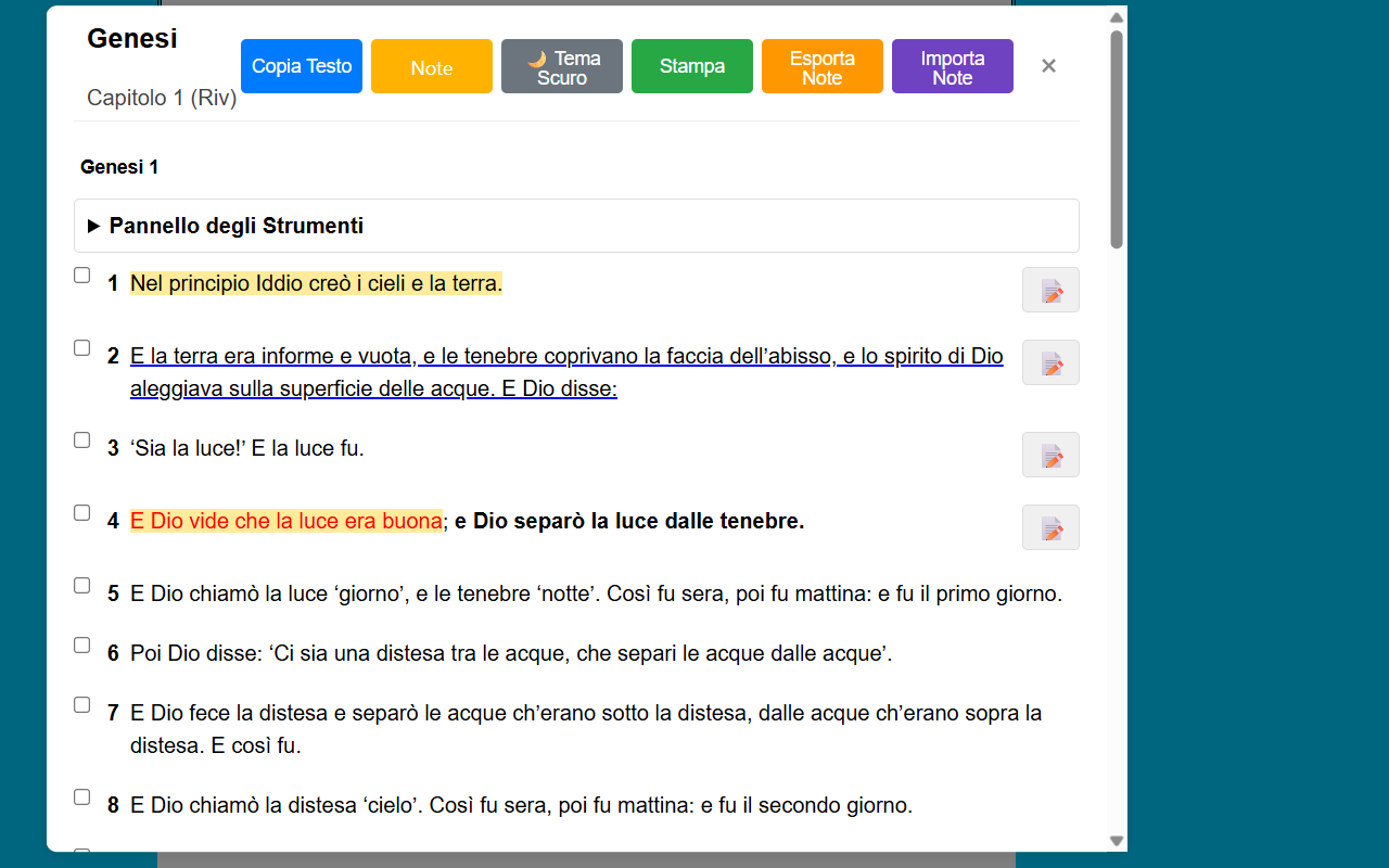 Screenshot 2: Finestra modale di lettura del capitolo con strumenti di annotazione ed evidenziazione