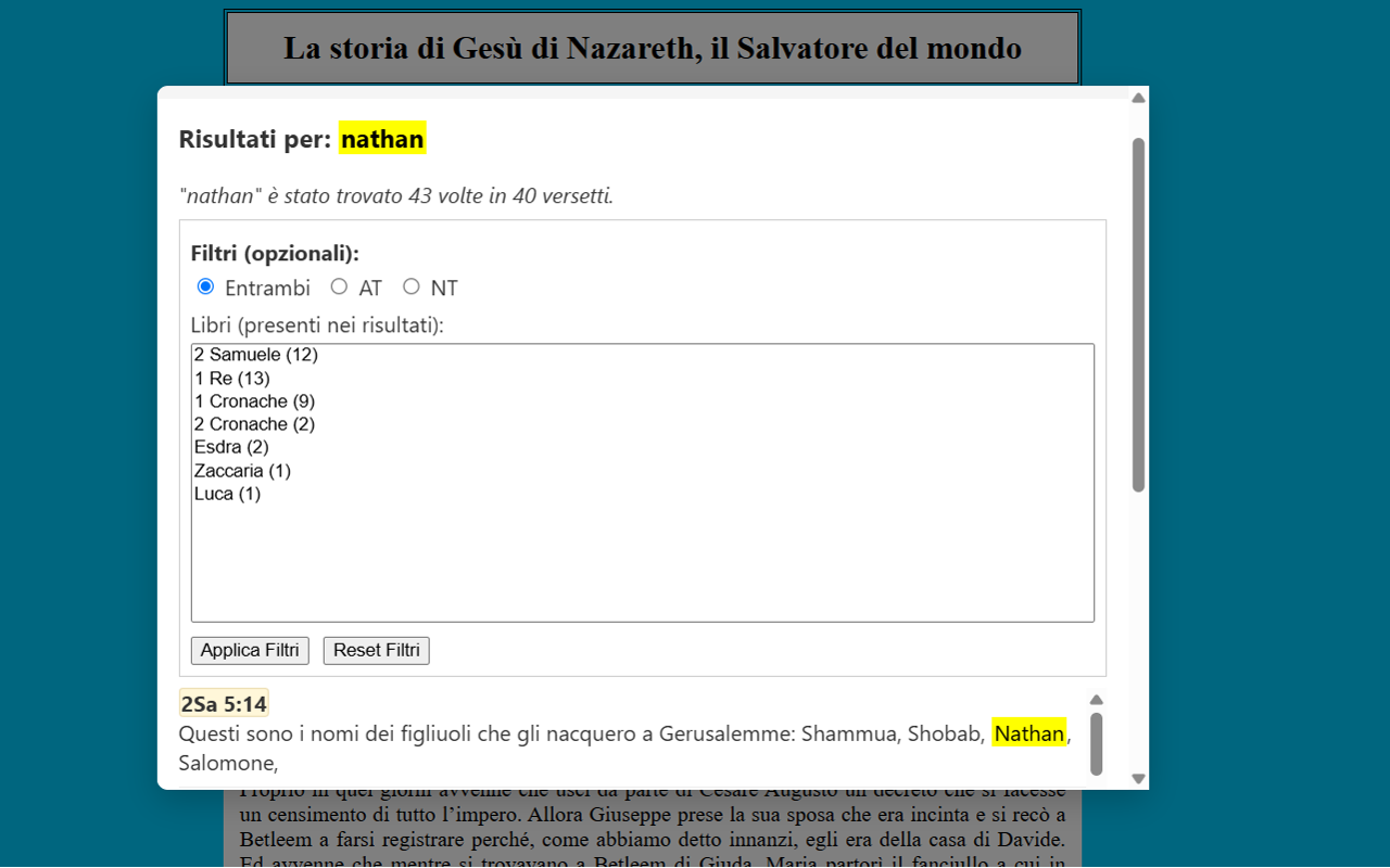 Screenshot 4: Finestra dei risultati della ricerca per parola con filtri opzionali